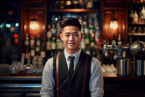 Smartly dressed bartender smiling behind an elegant bar, with softly lit bottles and glassware in the background.