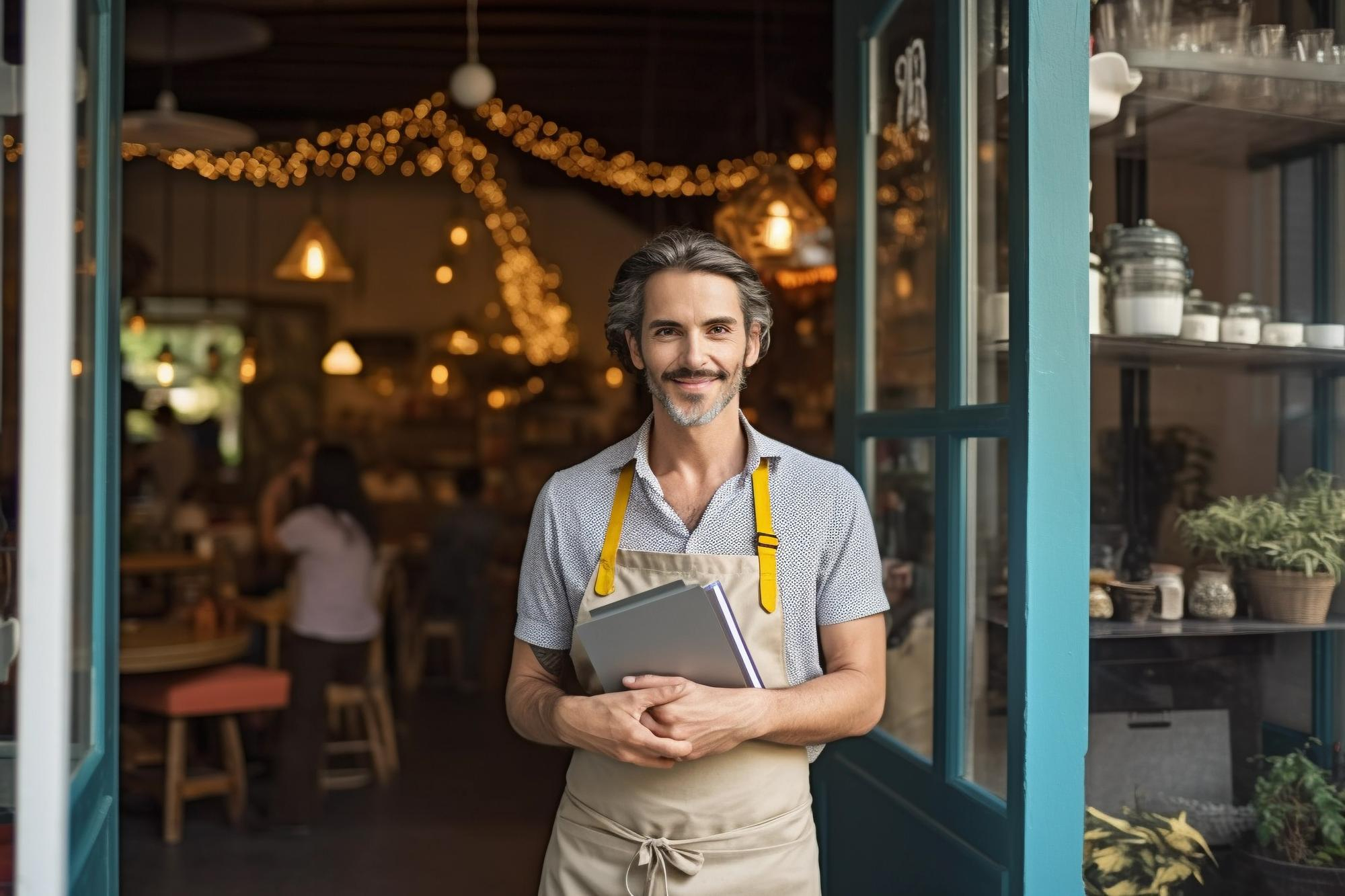 Friendly café owner in apron, holding a tablet, standing at the doorway with warm lights in the background.