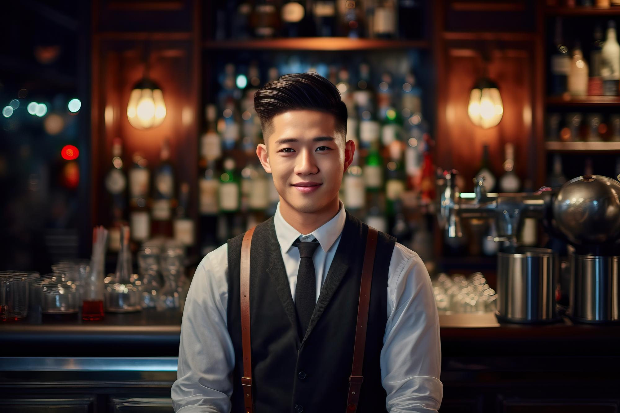 Smartly dressed bartender smiling behind an elegant bar, with softly lit bottles and glassware in the background.